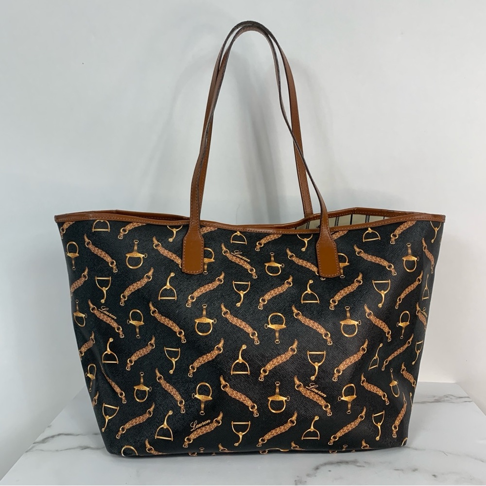 LAUREN RALPH LAUREN Horsebit Canvas Black and Brown Coated Canvas Tote Bag - Picture 6 of 16